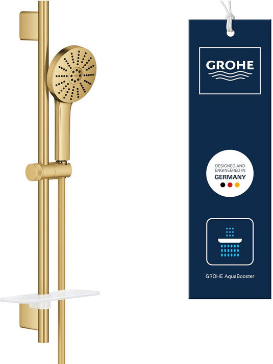 Grohe vitalio joy+ 120 doucheset met douchestang – met douchekop, doucheslang zeepschaal – 3 straalsoorten – aquabooster – waterbesparend (7l min) – geborsteld cool sunrise
