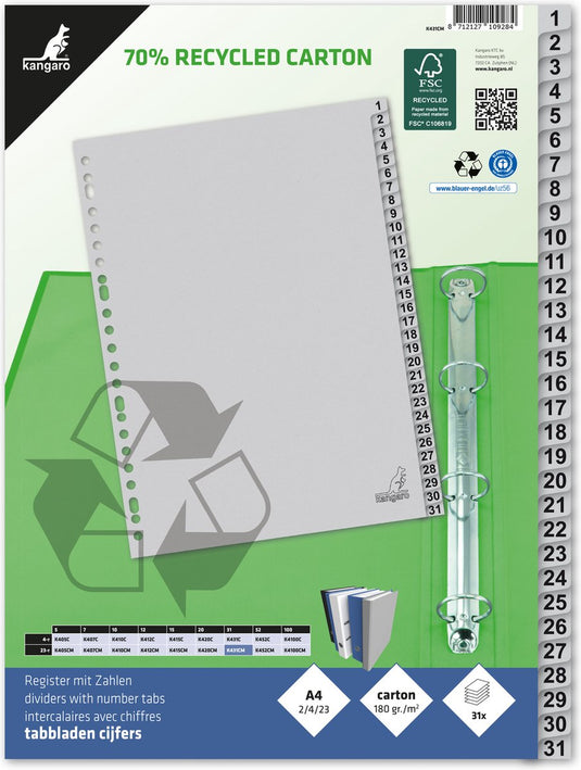Kangaro tabbladen - a4 - cijfers 31-delig - eco karton 180 grams - 23-gaats