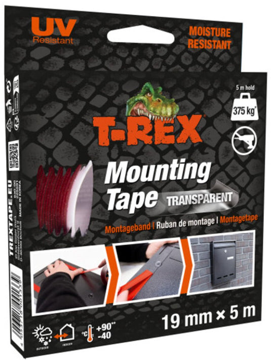 T-rex montagetape – extra sterke dubbelzijdige tape voor montage binnen en buiten – permanente bevestiging zonder boren of schroeven – draagvermogen tot 375 kg – 19 mm x 5 m