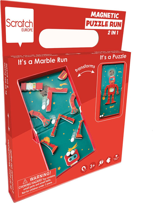 Scratch magnetic puzzle run - robot - 2-in-1 - puzzel en knikkerbaan met 5 knikkers - 3 jaar