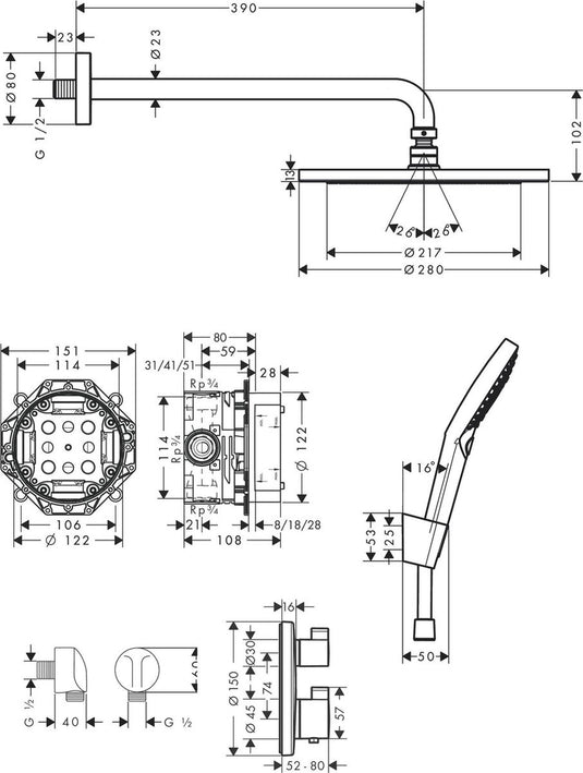 Hansgrohe croma - inbouw doucheset - ecostat thermostaat - 280mm - 1 straalfunctie - mat zwart