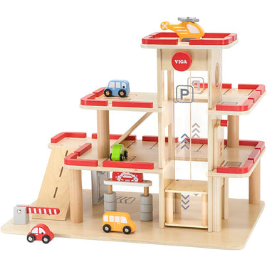 Vigatoys - houten - speelgoedgarage - groot - inclusief 4 auto's en helicopter