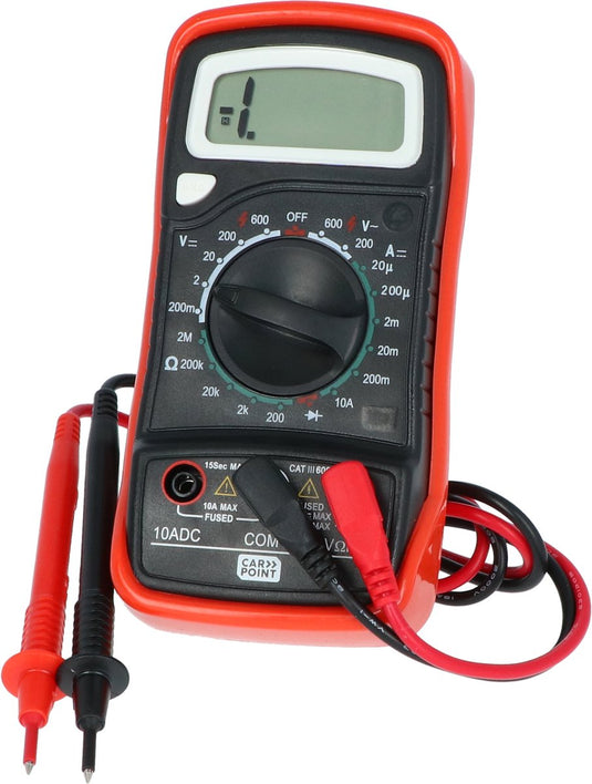 Carpoint digitale multimeter – meet verschillende spanningen, weerstand diodemetingen - duidelijke digitale display - 7 karakters en 15mm hoog - functie bereikschakelaar - 2 kleur gecodeerde snoeren