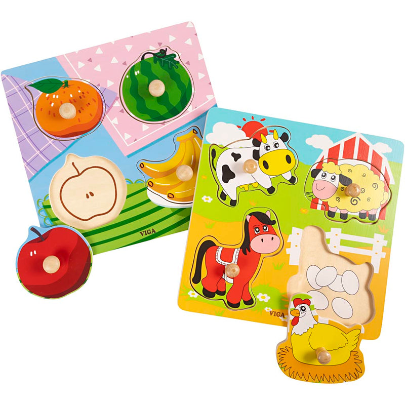 Afbeelding laden in galerijviewer, Https: www.cchobby.nl viga-houten-legpuzzels-met-knoppen-fruit-en-boerderijdieren-afm-22x22-cm-2x4-delen-2-onderdelen-1-set

