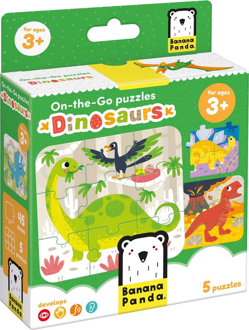 Load image into Gallery viewer, Banana panda on-the-go puzzel dinosaurussen 3+ - vijf puzzels van 9 stukjes - leuk dino puzzel speelgoed.
