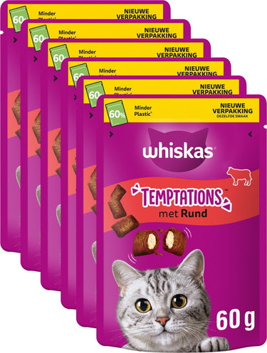 Whiskas kattensnacks - temptations snoepjes - rund - 6x60g