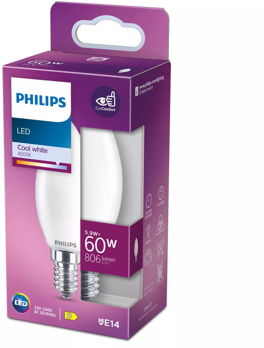 Philips led lamp - kaarslamp met e14 fitting - koelwit licht: 4000k - 60w - mat glas