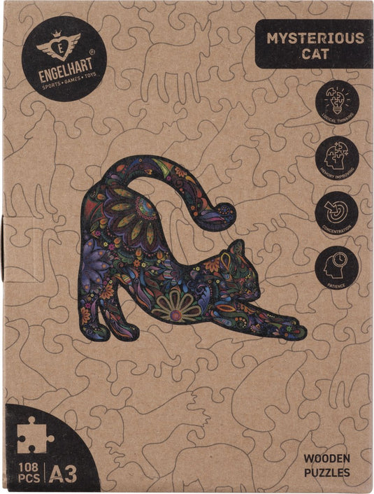 Engelhart houten puzzel kat – 108 unieke puzzelstukjes – a3 formaat grote houten legpuzzel – dieren puzzelspel – compact en ontspannend denkspel – inclusief opbergetui –