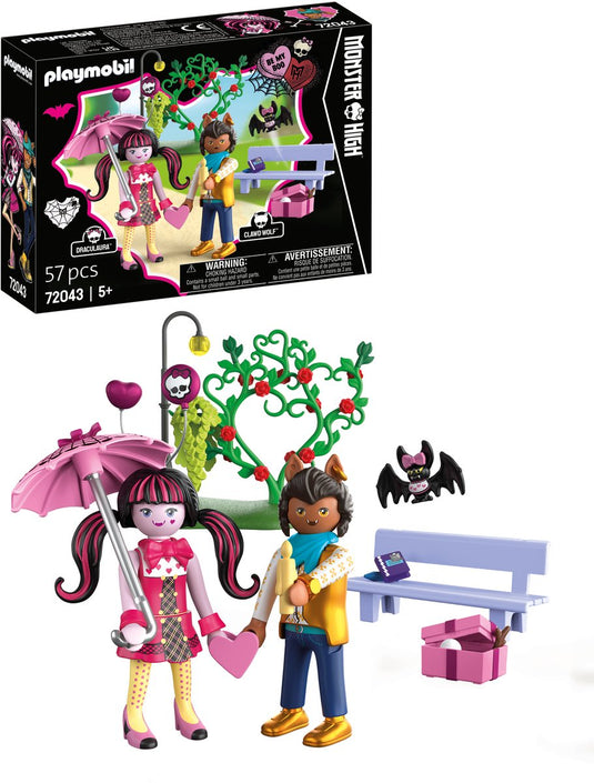 Playmobil monster high valentijnsdag date | draculaura en clawd met parkbankje en accessoires | kinderspeelgoed voor kinderen vanaf 5 jaar | 72043