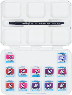 Van gogh aquarelverf pocket box roze en violetten met 12 kleuren in halve napjes