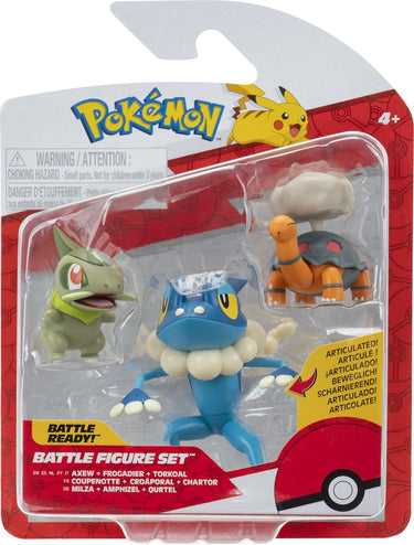 Jazwares pokémon - battle figure set 3 pack: torkoal, axew, frogadier