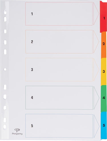 Pergamy tabbladen met indexblad, ft a4, 11-gaatsperforatie, geassorteerde kleuren, set 1-5