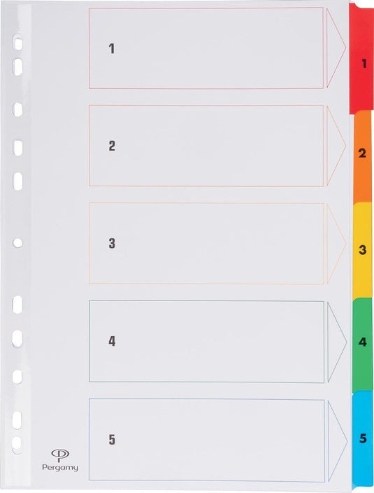 Pergamy tabbladen met indexblad, ft a4, 11-gaatsperforatie, geassorteerde kleuren, set 1-5