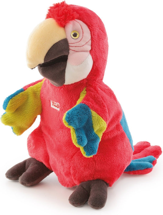 Trudi - puppets handpop papegaai 24 cm - handgemaakt in italie - zacht pluche - knuffeldier voor jongens en meisjes - rood blauw - 15x24x15 cm maat s