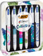 Bic 4 kleuren balpennen - botanical en tie dye decors - geschenkdoos met 6 pennen - medium punt 1 mm
