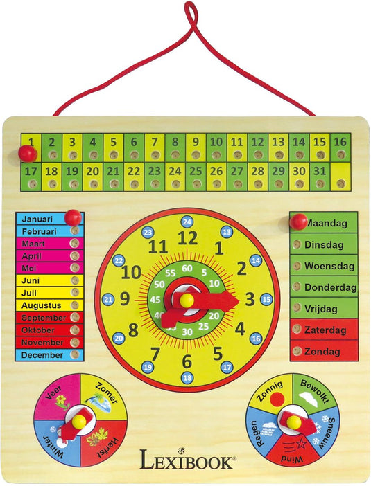 Lexibook bio speelgoed houten kalender met klok in het nederlands – houten speelgoed