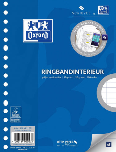 Oxford - ringbandpapier - a5 - 17 gaats - kantlijn - 100 vel - 5 pakken