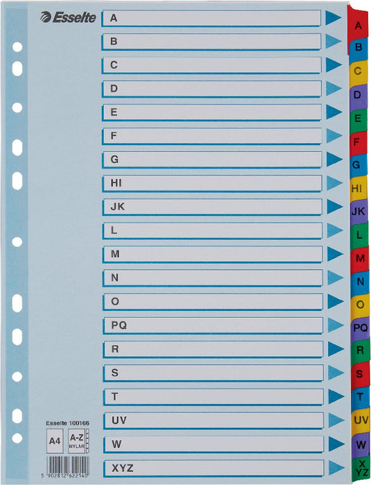 Esselte index a4 - tabs a-z - karton met mylar versterkt - 11-gaats - meerkleurig