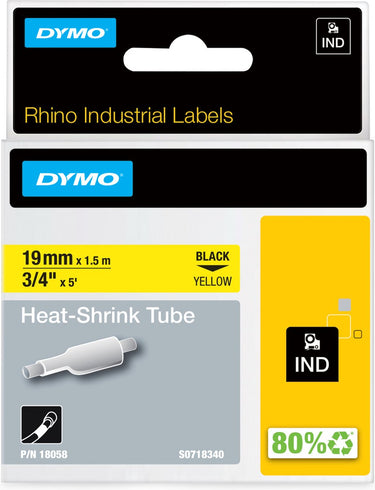 Dymo rhino industriële heat-shrink tube-labels | 19 mm x 1,5 m | zwarte afdruk op geel | voor rhino labelprinters