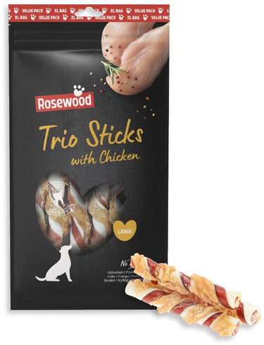 Rosewood trio sticks hondensnack kip large – stevige kauwsticks van runderhuid – voordeelverpakking 800 g – graanvrij – zonder kunstmatige toevoegingen