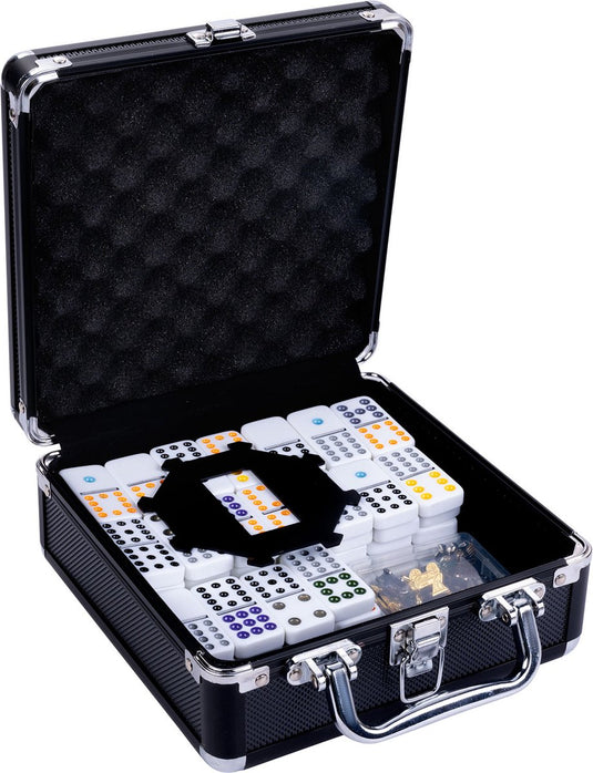 Engelhart domino dubbel 12 mexican train – 91 stenen met gekleurde ogen – luxe aluminium zwarte koffer met handvat – inclusief station metalen treinen – strategisch familiespel –