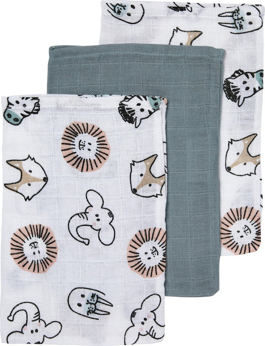Meyco baby animal washandjes - 3-pack - hydrofiel - multicolour - 20x17cm