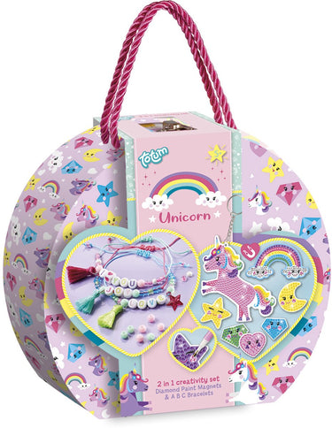 Totum unicorn knutselkoffertje 2 in 1 letter armbandjes maken en diamond paint magneten - 250 delige knutselset speelgoed meisjes vanaf 5 jaar, knutselen cadeau tip