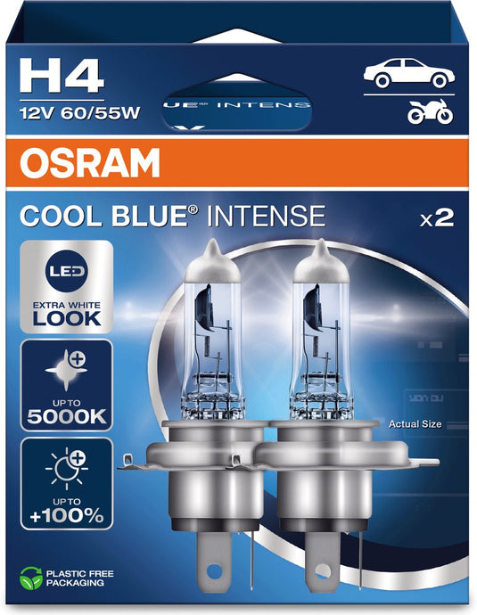 Osram cool blue intense next gen h4 halogeen autolampen – witter licht en tot 100% meer zicht - duitse kwaliteit - set met 2 lampen - 64193cbn-2hb