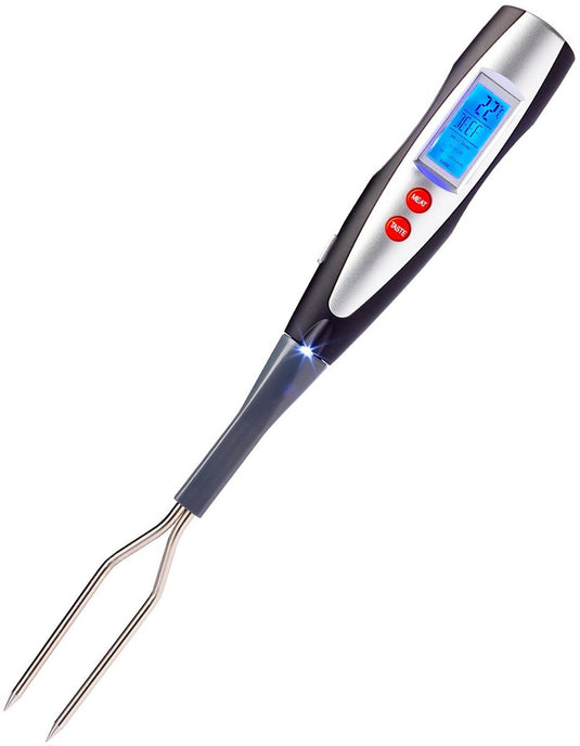 Westmark braad- en grillvork met thermometer, met led-scherm en zaklamp, lengte: 38,5 cm, roestvrij staal kunststof siliconen, zilver zwart rood, 15042280