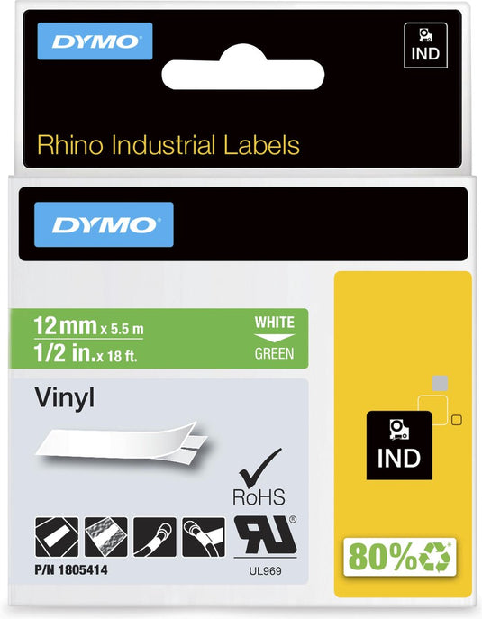 Dymo rhino industriële vinyl labels | 12 mm x 5,5 m | witte afdruk op groen | zelfklevende labels voor rhino labelmanager labelprinters