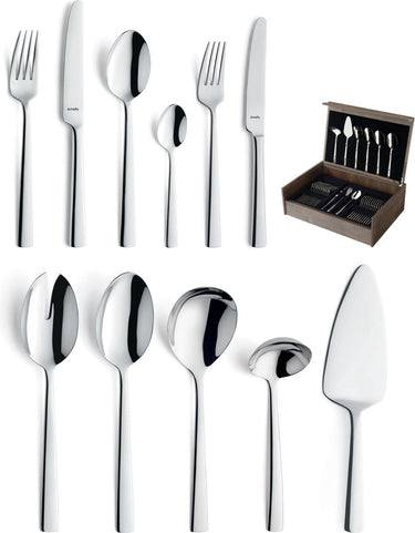 Amefa moderno - 78-delige bestekset - voor 12 personen - hoogglans - zilverkleurig - in luxe houten kist