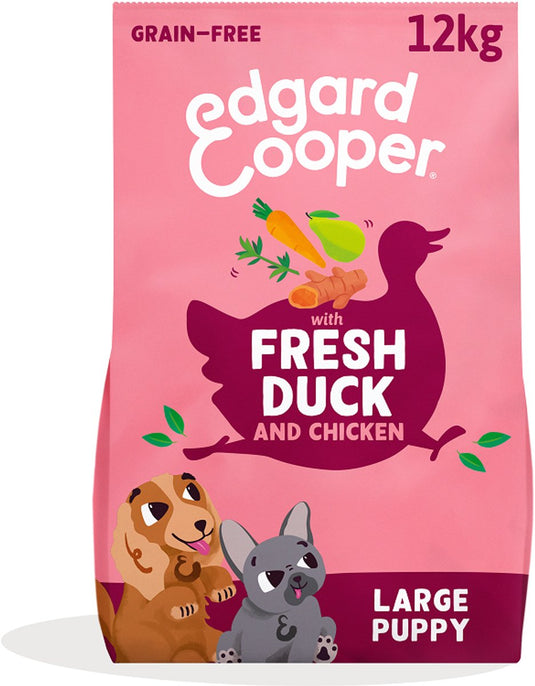 Edgard cooper puppy hondenbrokken voor grote honden, verse eend kip, 12kg, graanvrij recept met natuurlijke ingrediënten, perfecte vezelbalans