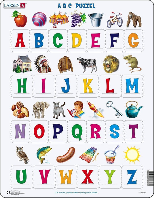 Larsen abc met afbeeldingen – puzzel – leren lezen – alfabet – educatieve legpuzzel voor kinderen – 26 stukjes – gemaakt in noorwegen – extra dikke 2,5 mm stukjes – tray met vaste rand