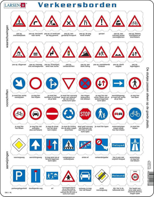 Larsen verkeersborden – puzzel – voertuigen techniek – verkeer – educatieve legpuzzel voor kinderen – 48 stukjes – gemaakt in noorwegen – extra dikke 2,5 mm stukjes – tray met vaste rand