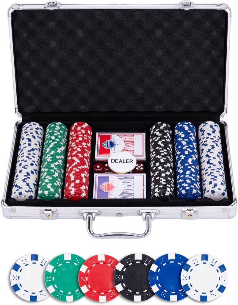 Load image into Gallery viewer, Longfield pokerset in zilveren koffer met 300 chips (11,5 g) – compleet met kaarten, dealer buttons dobbelstenen – engelhart
