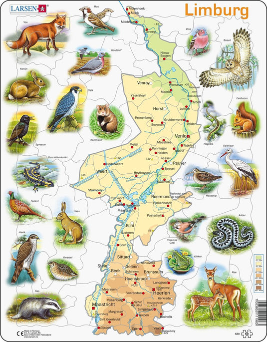 Larsen limburg met dieren – puzzel – kaarten geografie – nederland – educatieve legpuzzel voor kinderen – 60 stukjes – gemaakt in noorwegen – extra dikke 2,5 mm stukjes – tray met vaste rand