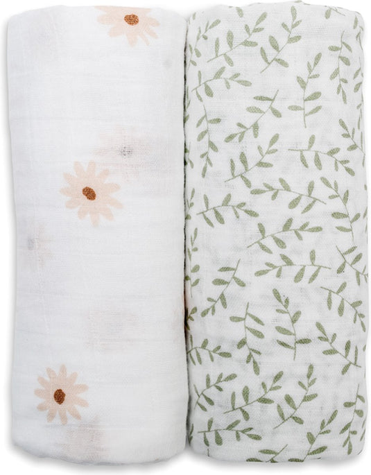 Lulujo - hydrofiele doek - swaddle - katoen - 100x100 cm - 2-pack - daisies greenery