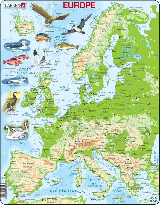 Larsen carte topographique de l’europe – puzzle – europe – géographie physique – puzzle éducatif pour enfants – 87 pièces – fabriqué en norvège – pièces extra épaisses de 2,5 mm – plateau avec bord fixe