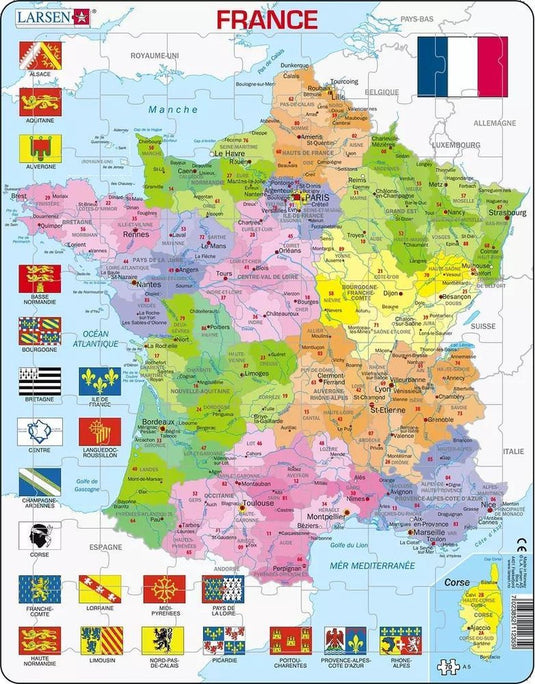 Larsen france carte politique – puzzle – france – régions et départements – puzzle éducatif pour enfants – 70 pièces – fabriqué en norvège – pièces extra épaisses de 2,5 mm – plateau avec bord fixe