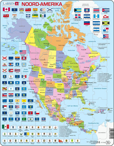 Larsen noord-amerika met staten en vlaggen – puzzel – kaarten geografie – noord-amerika – educatieve legpuzzel voor kinderen – 70 stukjes – gemaakt in noorwegen – extra dikke 2,5 mm stukjes – tray met vaste rand