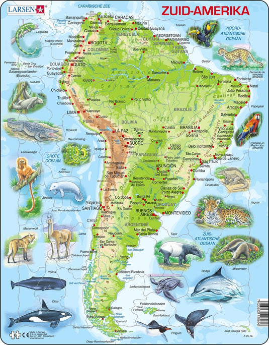 Larsen zuid-amerika geografisch met dieren – puzzel – kaarten geografie – zuid-amerika – educatieve legpuzzel voor kinderen – 65 stukjes – gemaakt in noorwegen – extra dikke 2,5 mm stukjes – tray met vaste rand