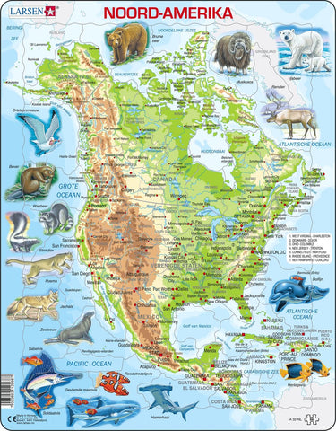 Larsen noord-amerika geografisch met dieren – puzzel – kaarten geografie – noord-amerika – educatieve legpuzzel voor kinderen – 66 stukjes – gemaakt in noorwegen – extra dikke 2,5 mm stukjes – tray met vaste rand