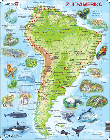 Larsen zuid-amerika geografisch met dieren – puzzel – kaarten geografie – zuid-amerika – educatieve legpuzzel voor kinderen – 65 stukjes – gemaakt in noorwegen – extra dikke 2,5 mm stukjes – tray met vaste rand