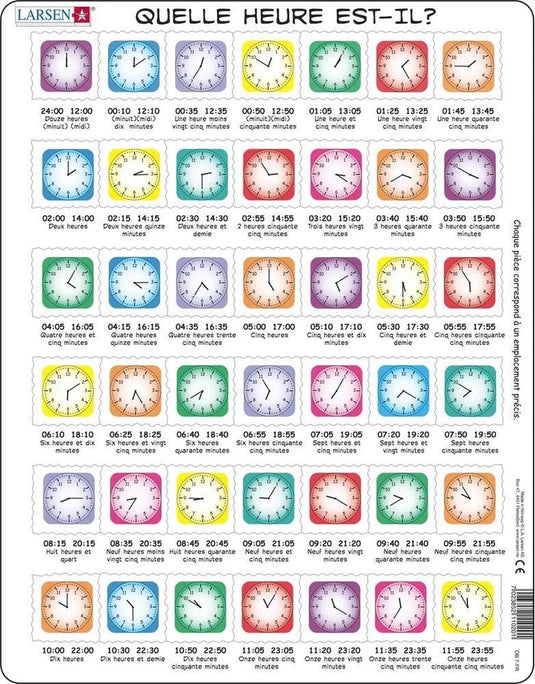 Larsen apprendre l’heure – puzzle – horloge – lecture de l’heure – puzzle éducatif pour enfants – 42 pièces – fabriqué en norvège – pièces extra épaisses de 2,5 mm – plateau avec bord fixe