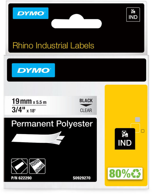 Dymo rhino industriële labels | permanent polyester | 19 mm x 3,5 m | zwarte afdruk op transparant | zelfklevende labels voor rhino labelmanager labelprinters