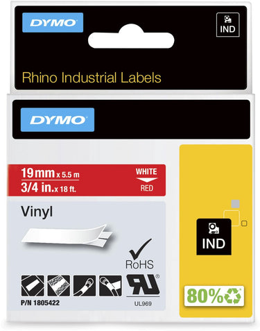 Dymo rhino industriële vinyl labels | 19 mm x 5,5 m | witte afdruk op rood | zelfklevende labels voor rhino labelmanager labelprinters