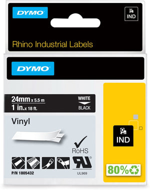 Dymo rhino industriële vinyl labels | 24 mm x 5,5 m | witte afdruk op zwart | zelfklevende labels voor rhino labelmanager labelprinters