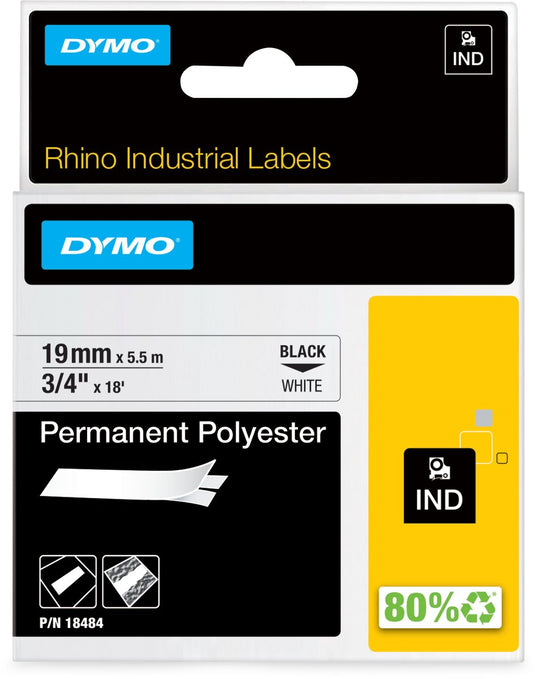 Dymo rhino industriële labels | permanent polyester | 19 mm x 3,5 m | zwarte afdruk op wit | zelfklevende labels voor rhino labelmanager labelprinters
