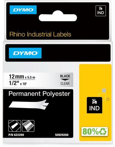 Dymo rhino industriële labels | permanent polyester | 12 mm x 3,5 m | zwarte afdruk op transparant | zelfklevende labels voor rhino labelmanager labelprinters