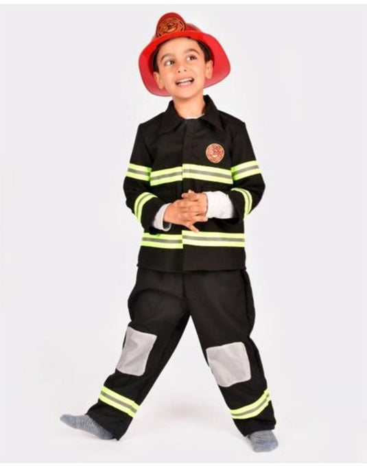 Den goda fen verkleedkledij brandweerman - kostuum bestaande uit jas, broek, helm en bivakmuts - 110-116cm - 4-6 jaar - zwart